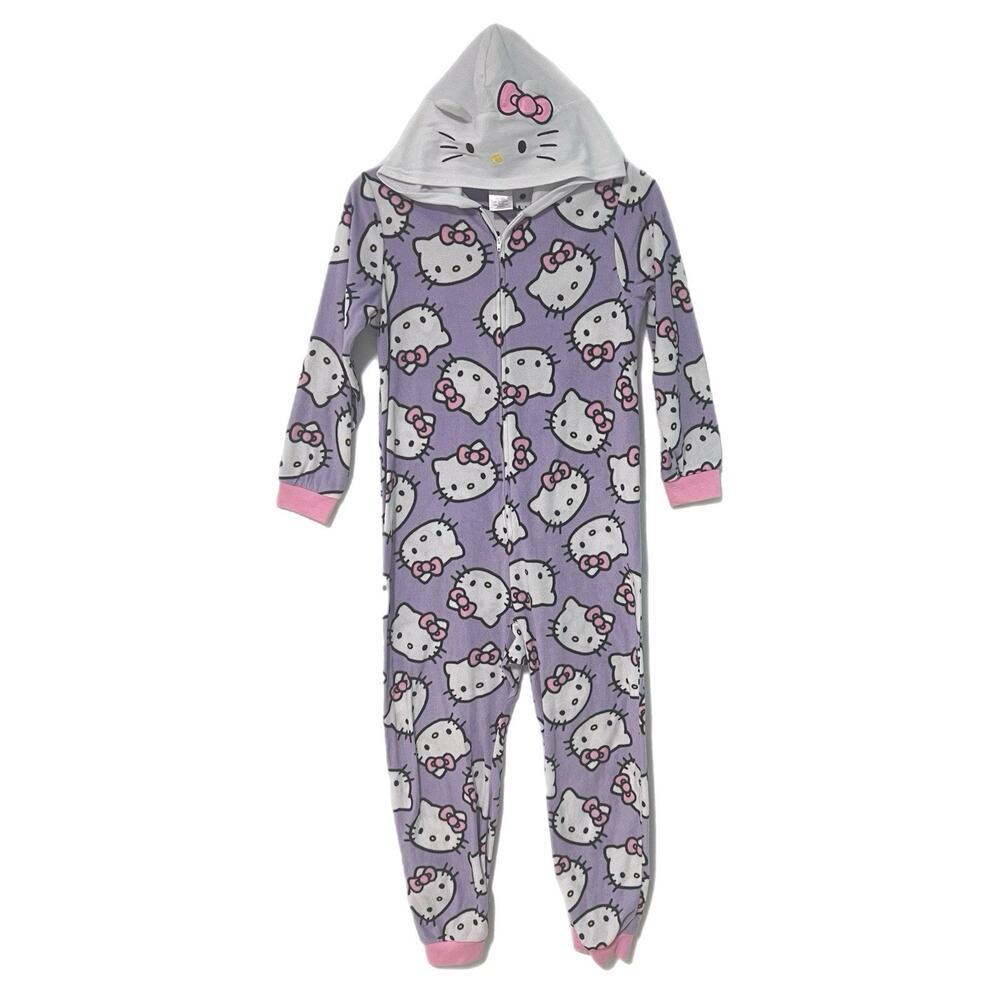 Hello Kitty by Sanrio One Piece Hooded Pajamas L (10-12) Sleepwear Fleece Purple